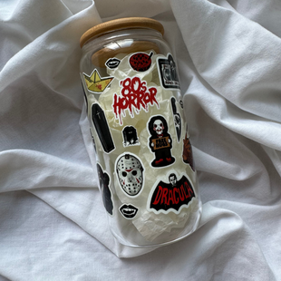 Креативна склянка "HORROR 80s" 500 мл з скляною трубочкою та бамбуковою кришкою 00326 фото